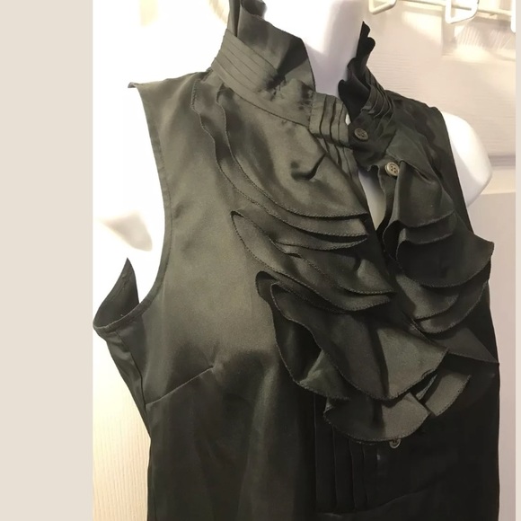 J. CREW Silk Frances Blouse Black Top Ruffle Feont Neckline Shirt Sleeveless - Picture 4 of 9